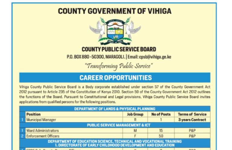 Latest Jobs/Vacancies at Vihiga County (2024 Recruitment)