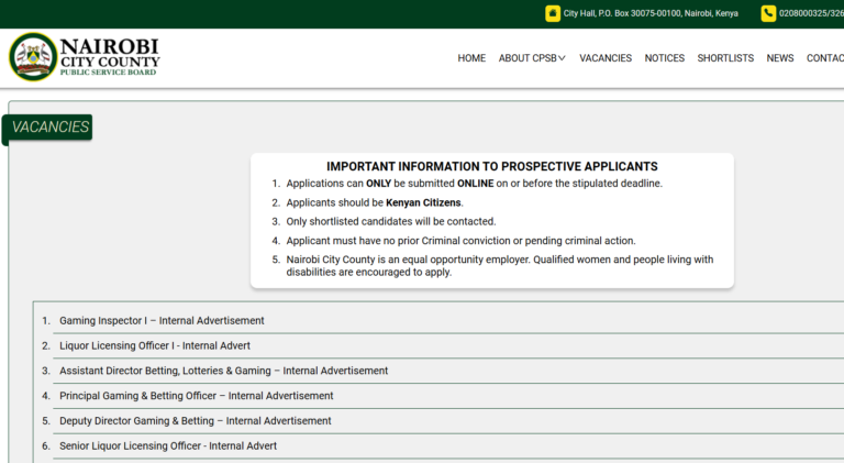 Nairobi City County Public Service Recruitment 2025/2026 Jobs Portal