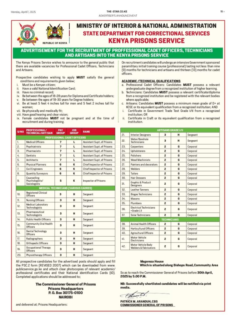 Latest News on Kenya Prisons Recruitment (May 2025) Latest News on Kenya Prisons Recruitment (May 2025)