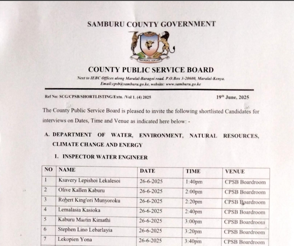 Samburu County Government Shortlisted Candidates 2025 Interview Date